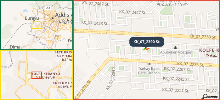 Map showing the address of KK_07_2390 St. in three different zoom levels.