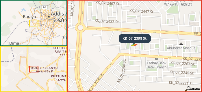 Map showing the address of KK_07_2398 St. in three different zoom levels.