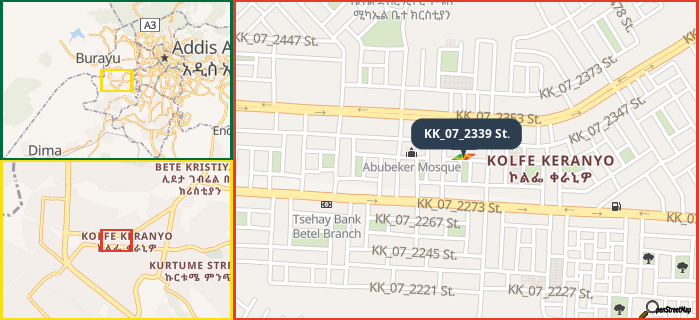 Map showing the address of KK_07_2339 St. in three different zoom levels.