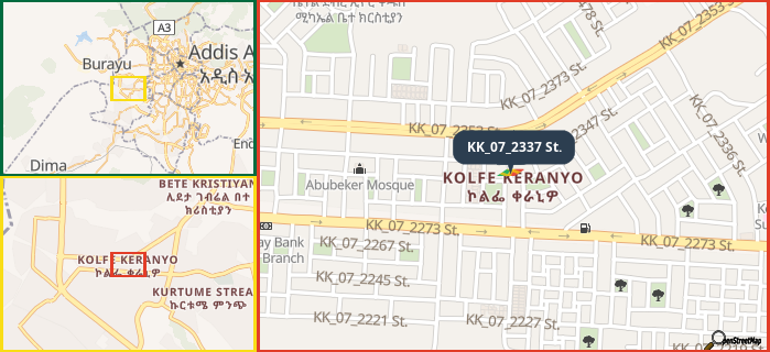 Map showing the address of KK_07_2337 St. in three different zoom levels.