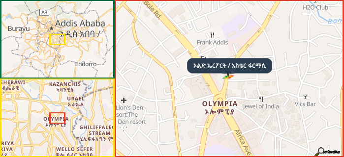 Map showing the address of ኦልድ ኤርፖርት / አስቴር ፋርማሲ in three different zoom levels.