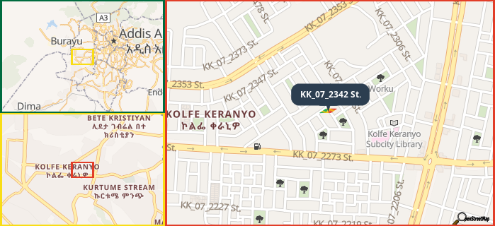 Map showing the address of KK_07_2342 St. in three different zoom levels.