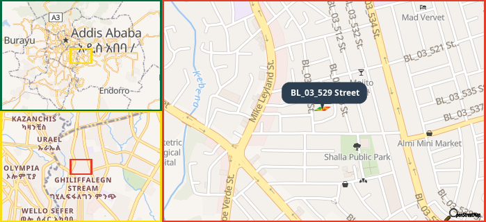 Map showing the address of BL_03_529 Street in three different zoom levels.