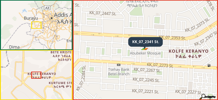 Map showing the address of KK_07_2341 St. in three different zoom levels.