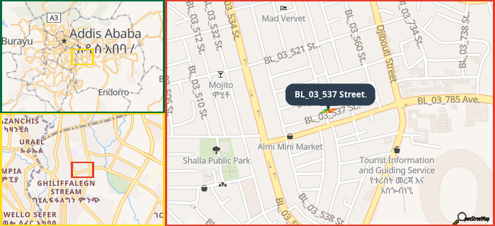 Map showing the address of BL_03_537 Street. in three different zoom levels.