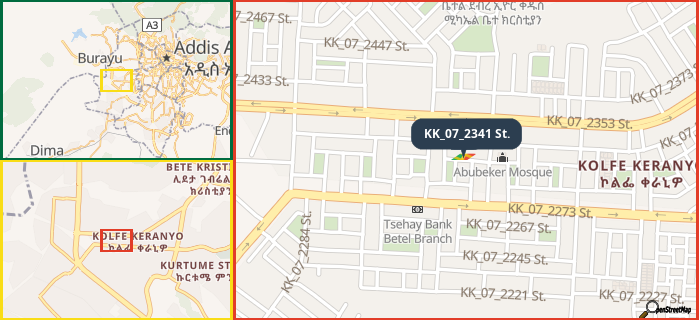 Map showing the address of KK_07_2341 St. in three different zoom levels.