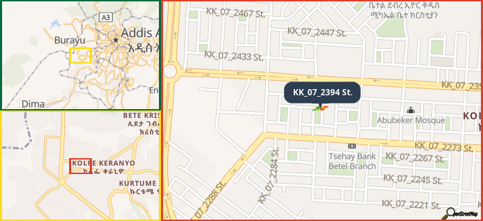 Map showing the address of KK_07_2394 St. in three different zoom levels.