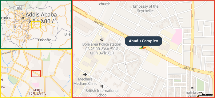 Map showing the address of Ahadu Complex in three different zoom levels.