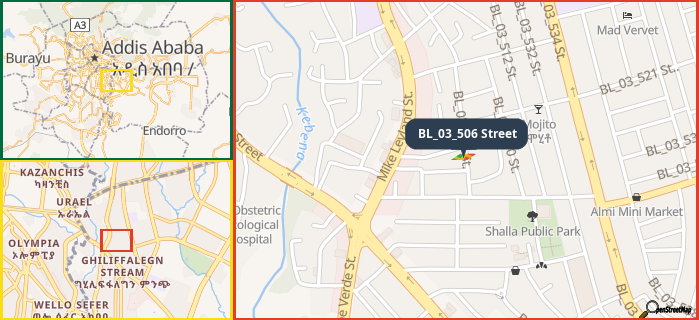 Map showing the address of BL_03_506 Street in three different zoom levels.