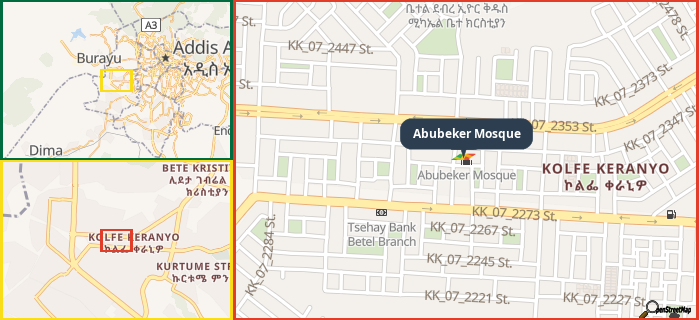 Map showing the address of Abubeker Mosque in three different zoom levels.