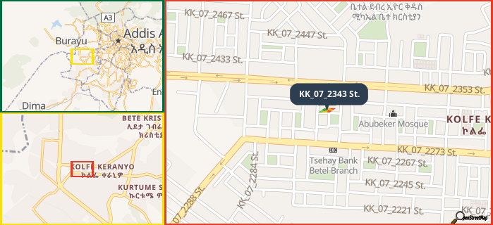 Map showing the address of KK_07_2343 St. in three different zoom levels.