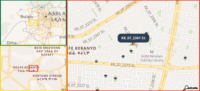 Map showing the address of KK_07_2301 St. in three different zoom levels.