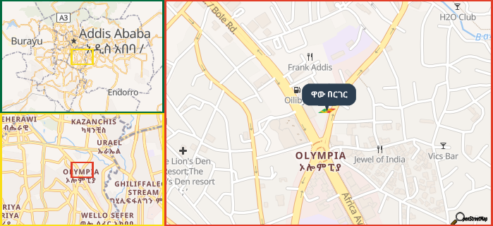 Map showing the address of ዋው በርገር in three different zoom levels.