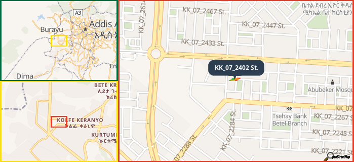 Map showing the address of KK_07_2402 St. in three different zoom levels.