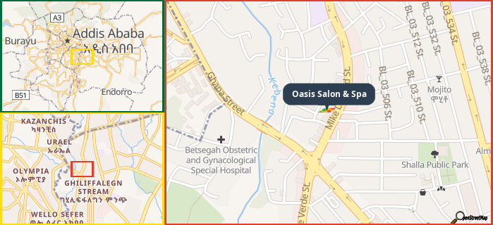 Map showing the address of Oasis Salon & Spa in three different zoom levels.