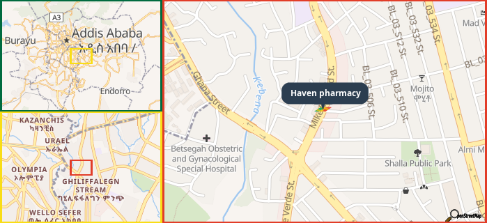 Map showing the address of Haven pharmacy in three different zoom levels.