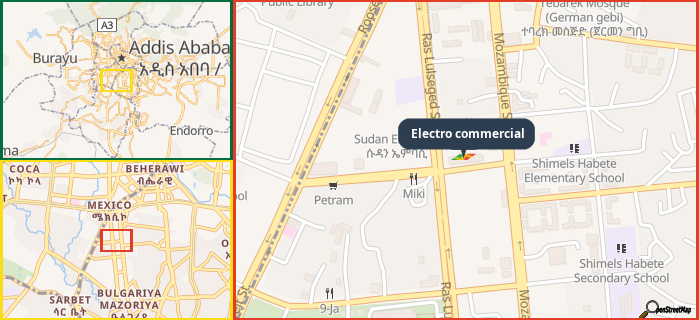 Map showing the address of Electro commercial in three different zoom levels.