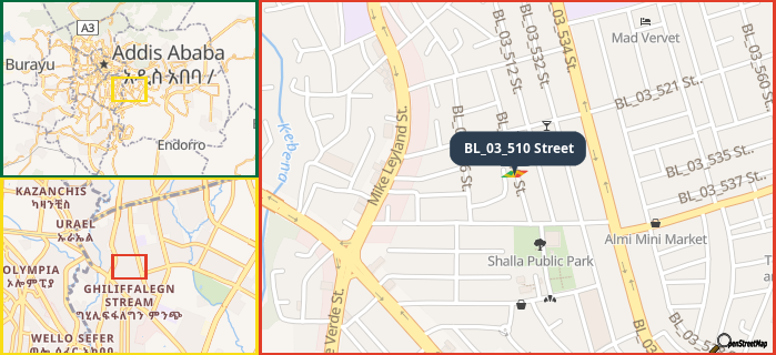 Map showing the address of BL_03_510 Street in three different zoom levels.