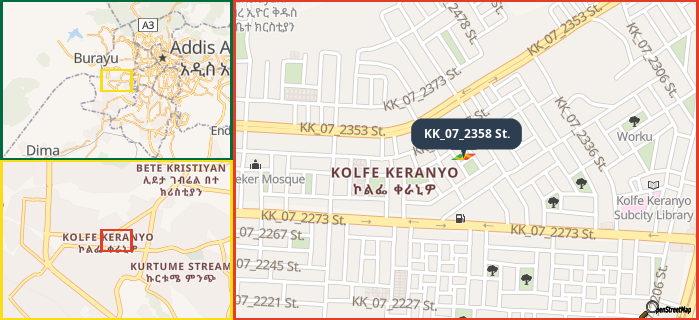 Map showing the address of KK_07_2358 St. in three different zoom levels.