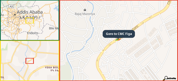 Map showing the address of Goro to CMC Figa in three different zoom levels.