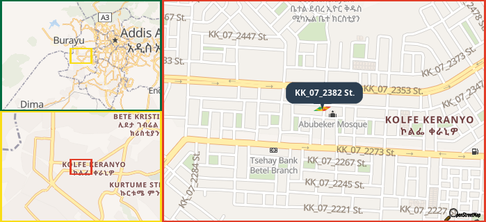 Map showing the address of KK_07_2382 St. in three different zoom levels.