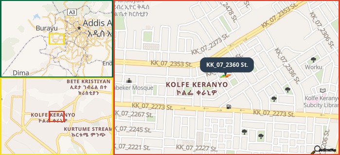 Map showing the address of KK_07_2360 St. in three different zoom levels.