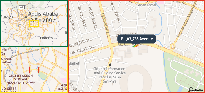 Map showing the address of BL_03_785 Avenue in three different zoom levels.