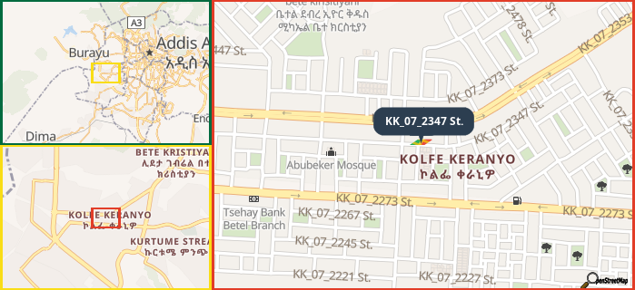 Map showing the address of KK_07_2347 St. in three different zoom levels.