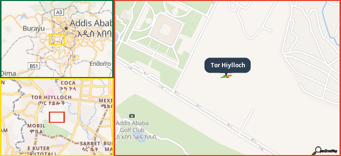 Map showing the address of Tor Hiylloch in three different zoom levels.
