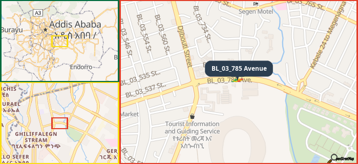 Map showing the address of BL_03_785 Avenue in three different zoom levels.