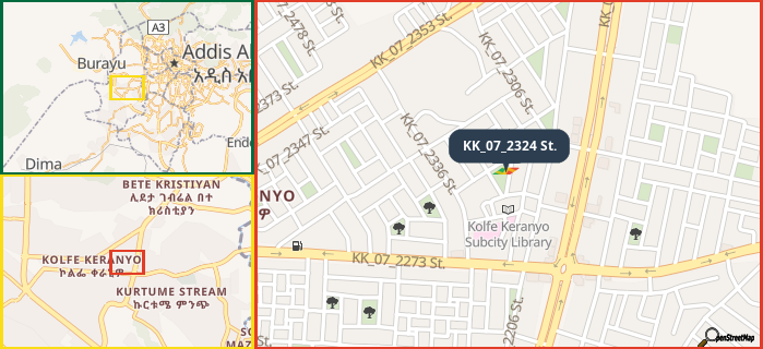 Map showing the address of KK_07_2324 St. in three different zoom levels.