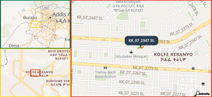 Map showing the address of KK_07_2347 St. in three different zoom levels.