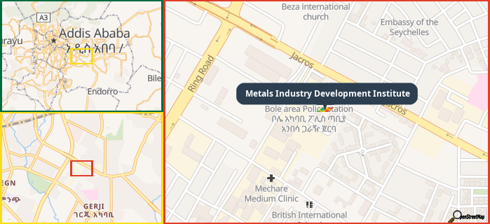 Map showing the address of Metals Industry Development Institute in three different zoom levels.