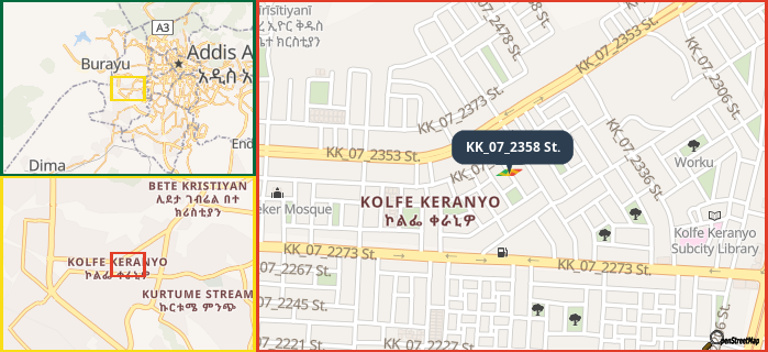 Map showing the address of KK_07_2358 St. in three different zoom levels.