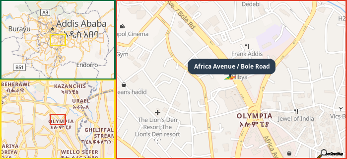 Map showing the address of Africa Avenue / Bole Road in three different zoom levels.
