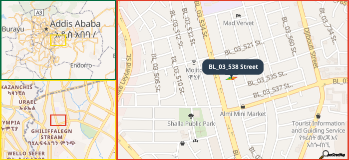 Map showing the address of BL_03_538 Street in three different zoom levels.