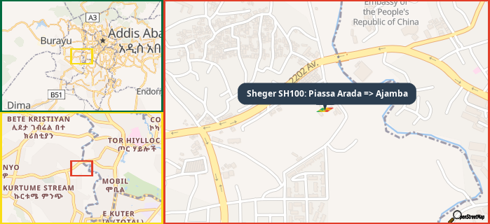 Map showing the address of Sheger SH100: Piassa Arada => Ajamba in three different zoom levels.