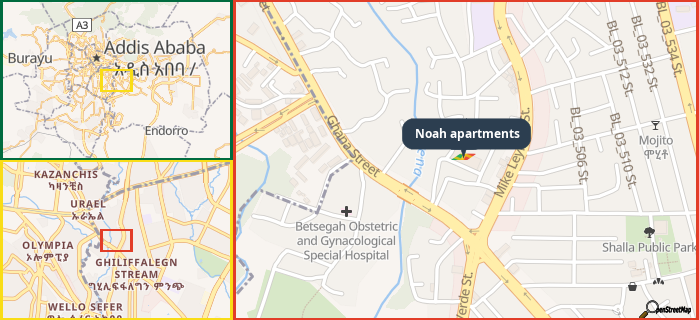 Map showing the address of Noah apartments in three different zoom levels.