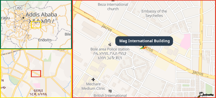 Map showing the address of Mag International Building in three different zoom levels.