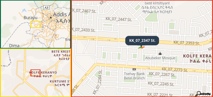 Map showing the address of KK_07_2347 St. in three different zoom levels.