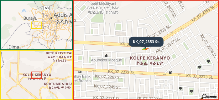 Map showing the address of KK_07_2353 St. in three different zoom levels.