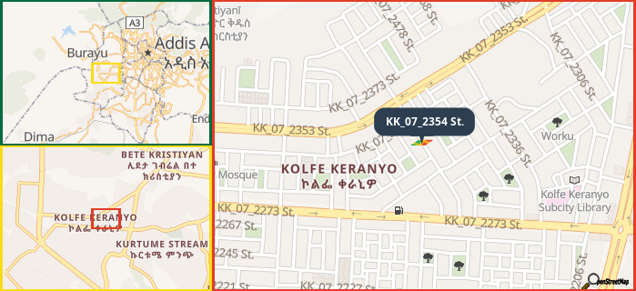 Map showing the address of KK_07_2354 St. in three different zoom levels.