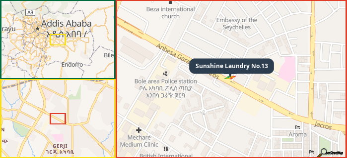 Map showing the address of Sunshine Laundry No.13 in three different zoom levels.