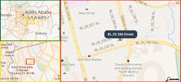 Map showing the address of BL_03_560 Street. in three different zoom levels.