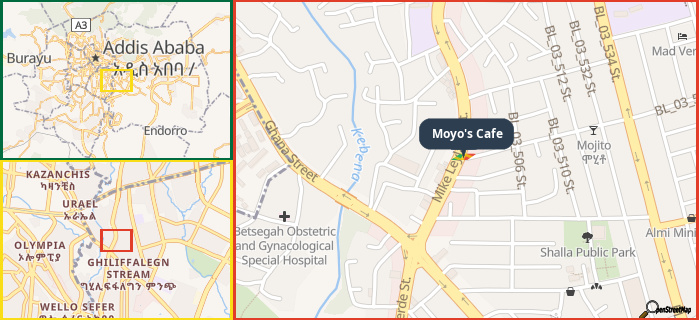 Map showing the address of Moyo's Cafe in three different zoom levels.