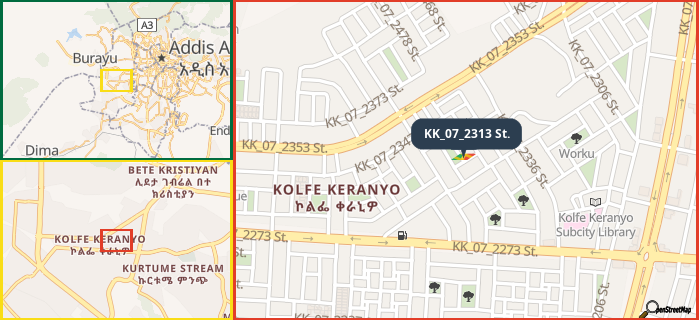 Map showing the address of KK_07_2313 St. in three different zoom levels.