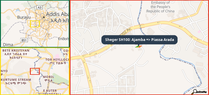Map showing the address of Sheger SH100: Ajamba => Piassa Arada in three different zoom levels.