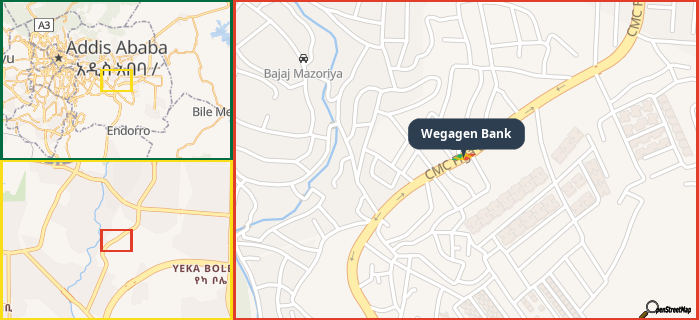 Map showing the address of Wegagen Bank in three different zoom levels.