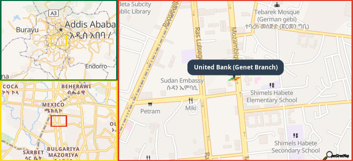 Map showing the address of United Bank (Genet Branch) in three different zoom levels.