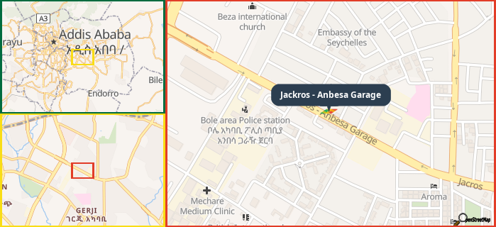 Map showing the address of Jackros - Anbesa Garage in three different zoom levels.